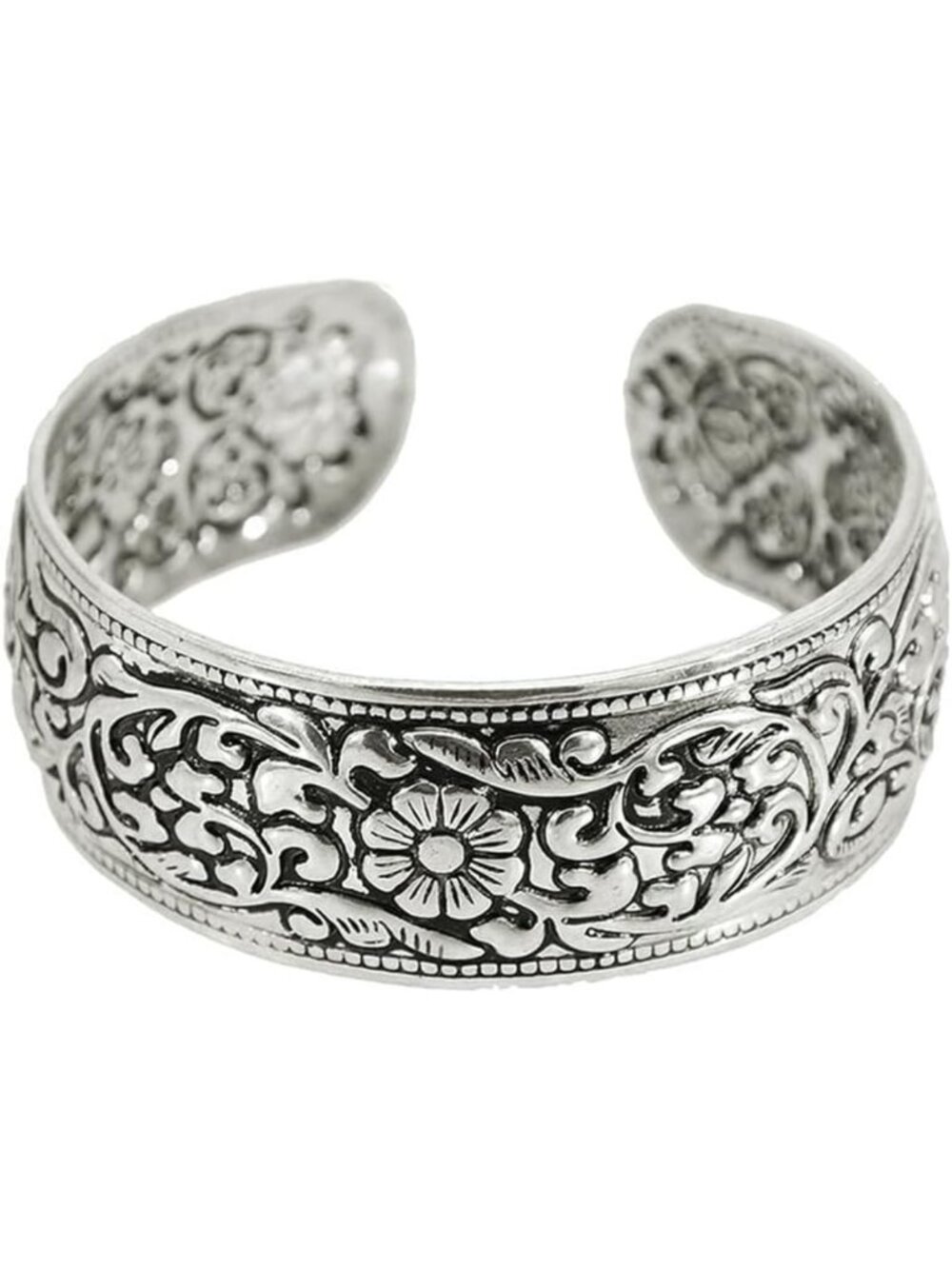 Vintage Carved Flower Cuff Bracelet for Women | Adjustable Wide Bangle Armlet